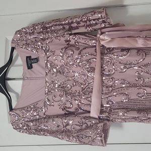 R & M Richards Petite Long Square Neck Beaded Elbow Sleeve Dress